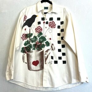 FLD Designs Womens Large White Denim Bird Flower Watering Can Button Up Shirt